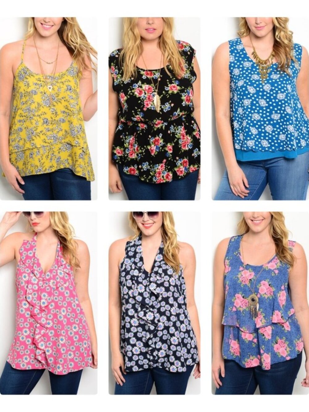 Lot of 6 Women’s Plus Size Floral Sleeveless Blouses, Tops 1X 1XL